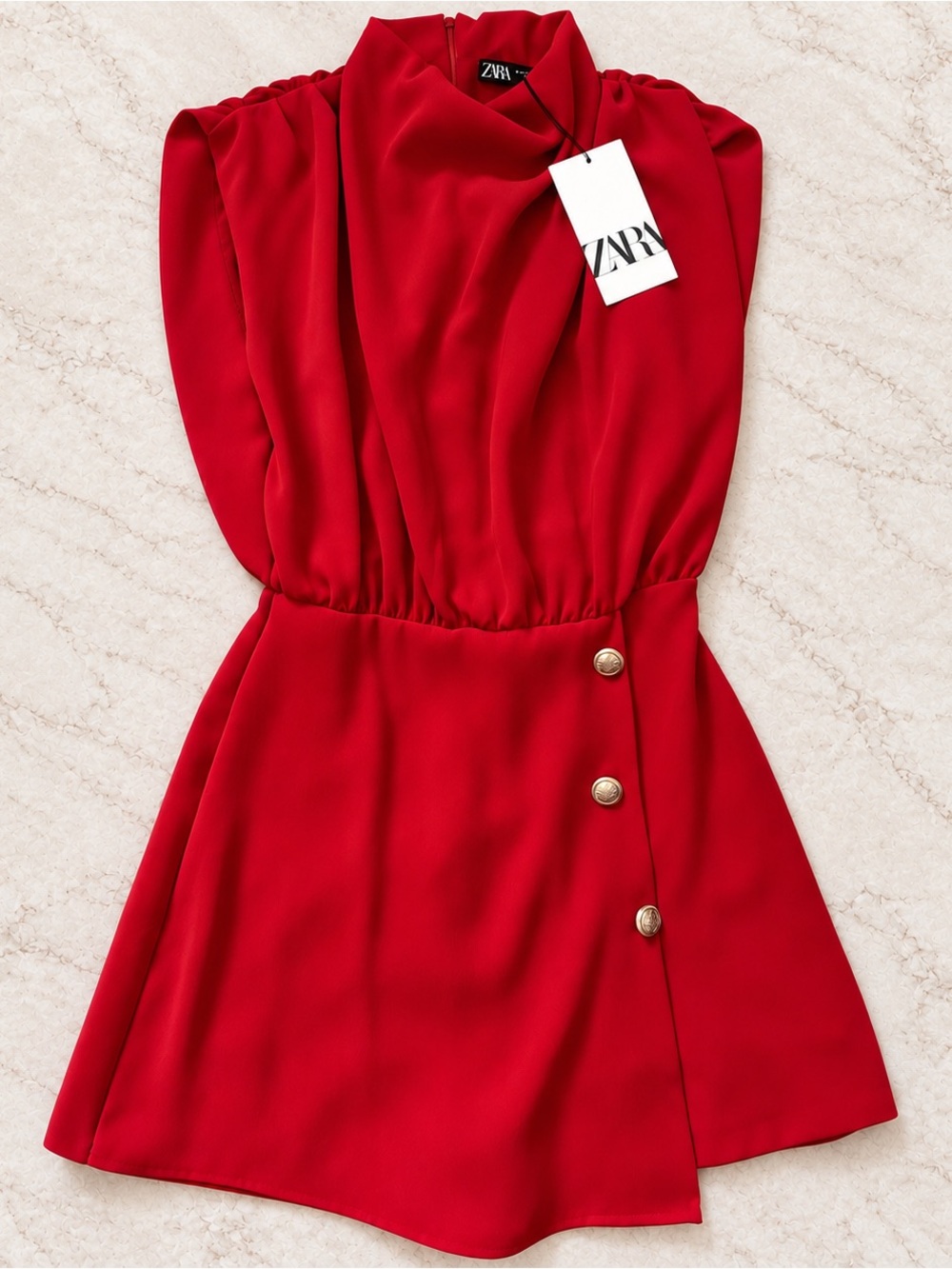 Zara Red Gold Button Draped Romper NWT Size XS